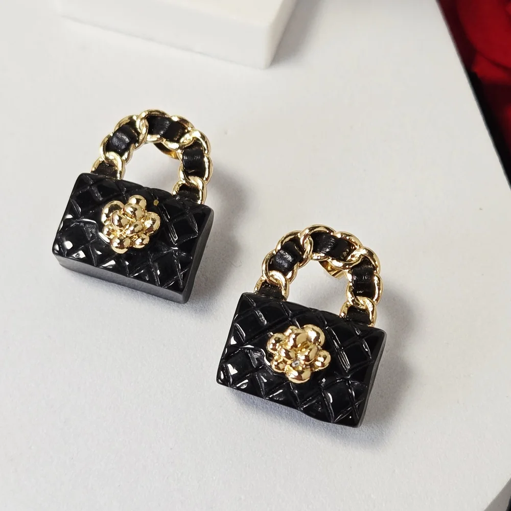 Black Quilted Handbag Stud Earrings Mini Purse Fashion Statement Studs Y2K Glam